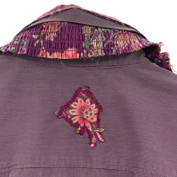 Custom Up-Cycled Tunic 3/4 Sleeves Button Up Ruffle Hem Mixed Print Purple | M/L - Picture 9 of 11